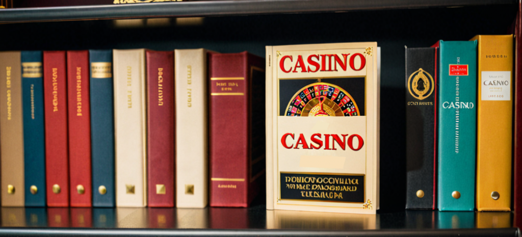 a shelf with a book on casino rules