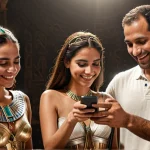 an Arab-looking man shows his phone screen to a beautiful girl and they are happy