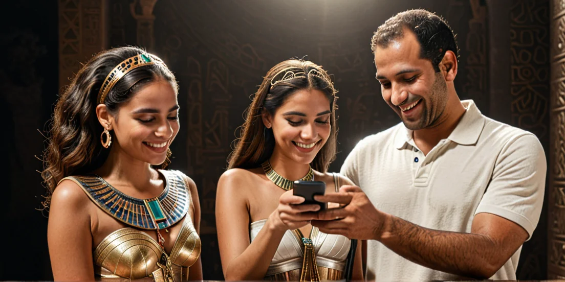 an Arab-looking man shows his phone screen to a beautiful girl and they are happy