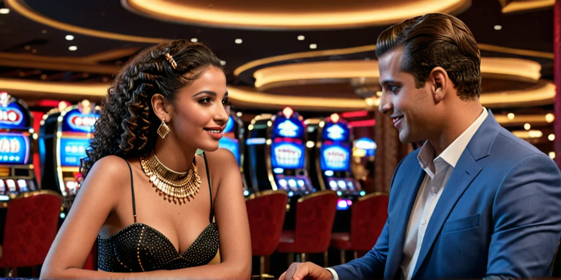 a girl and a guy in a casino